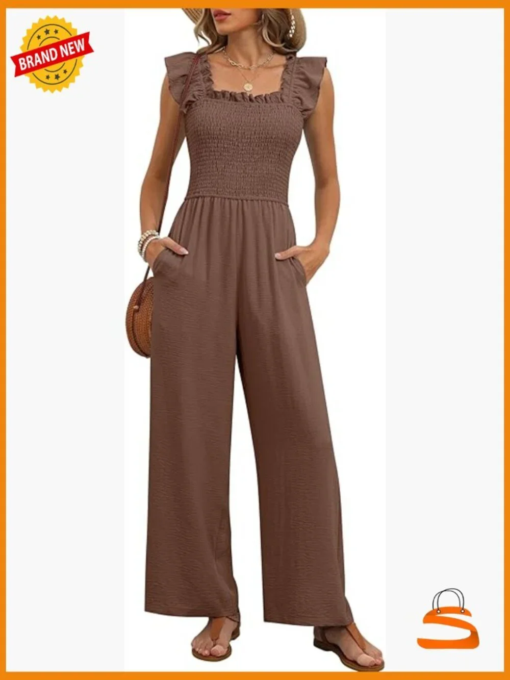 Dressy Casual Smocked Ruffle Cap Sleeve Jumpsuit with Pockets
